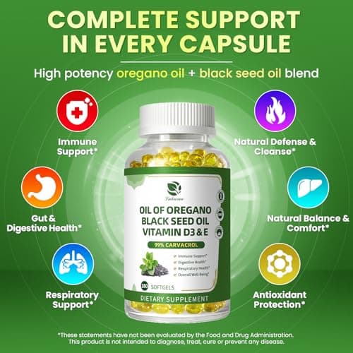 Lukaree Organic Oregano Oil Capsules with Black Seed Oil, Ultra-Concentrated 99% Carvacrol, 5-in-1 with Vitamin D3 E Black Pepper, Immune, Respiratory, Digestive & Antioxidant*, 180 Softgels, 2 Pack - Thumbnail 5