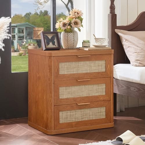 LEYAOYAO Rattan Night Stand with Charger Station, 23" Large 3 Drawer Boho Nightstand, Tea Brown Bedside Table Storage Cabinet, Bed Side End Tables for Bedroom, Living Room, Hallway - Thumbnail 3