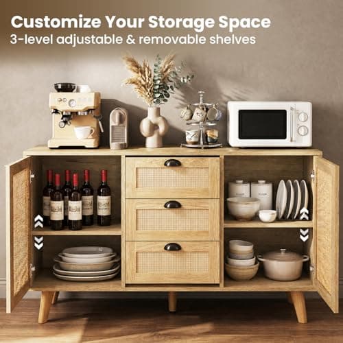 GREEN PARTY 47.2" Rattan Sideboard Buffet Cabinet, Coffee Bar Cabinet with Storage, 3 Drawers and 2 Doors, Boho Kitchen Storage Cabinet for Dining Room, Living Room, Entryway - Thumbnail 3