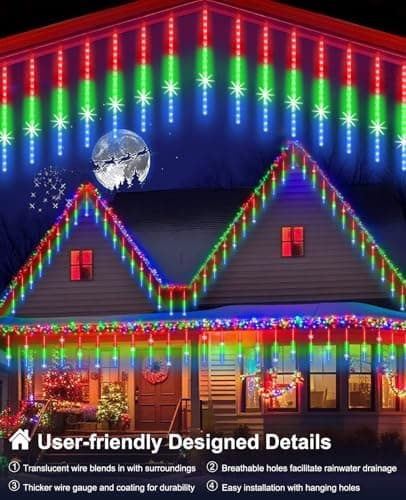 EAGWELL Christmas Lights Outdoor UL Certified Meteor Shower Light 16 Inch 20 Tubes 960 LED Falling Rain Drop Icicle Snow Cascading Lighting for Xmas Tree Wedding Party Garden Decoration, Colorful - Thumbnail 2