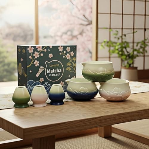 Losyslnt 7 Pcs Matcha Whisk Set - Complete Matcha Kit Set Includes Matcha Bowl with Spout, Bamboo Whisk with Holder, Scoop, Sifter, Scoop Holder, Tea Towel - Ideal Gift for Matcha Lovers (B-Blue) - Thumbnail 6