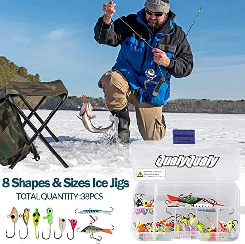 QualyQualy Ice Fishing Rod Reel Combo Complete Set Ice Fishing Gear with Backpack Seat Ice Cleats Ice Fishing Jigs Line Full Ice Fishing Kit - Thumbnail 2