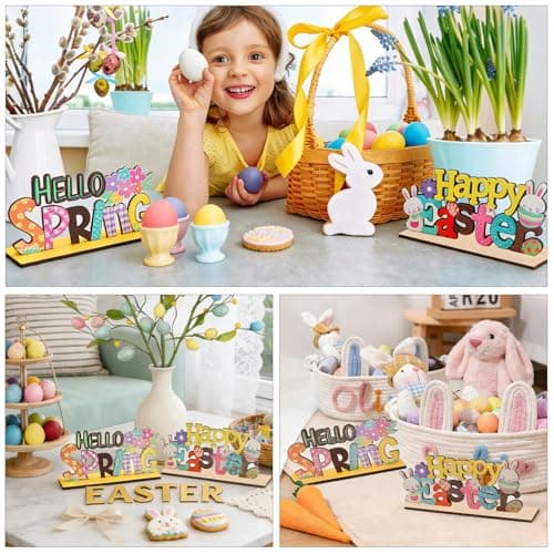 Easter Spring Table Decorations Sign – 2PCS Wooden Sign Bunny Decor Tiered Tray Decorations Set for Home and Office Shelf Mantel Indoor - Thumbnail 4