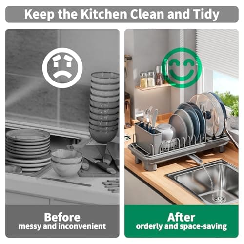 SanDream Small Dish Drying Rack with Removable Utensil Holder & Anti-Scratch Base - Stainless Steel Dish Rack, Dish Drying Rack with Drainage & Space Saving Design for Kitchen Counter, Gray - Thumbnail 6