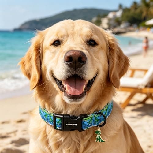 ARING PET Dinosaur Dog Collar, Cute Green Blue Boy Doggy Skate Dino Collars for Puppy Small Medium Large Male Dogs, for Daily Photos Summer Beach Walking Hiking Picnic-XL - Thumbnail 4