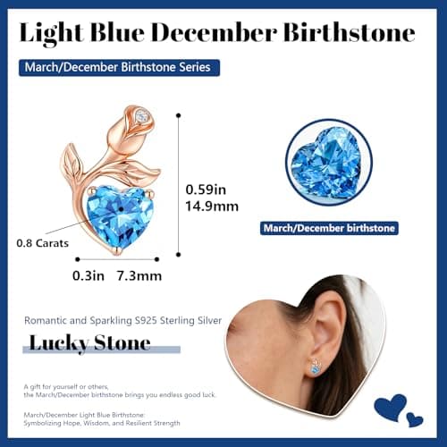 JACUPO Rose Heart Necklace Earrings Set March Light Blue Birthstone Lab-Grown Sapphire S925 Silver 18K Rose Gold Plated Engraved I LOVE YOU Gift For Mom Girlfriend Wife Mothers Day Engagement Confession Gift - Thumbnail 4