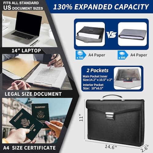 Heat & Water Resistant Fireproof Document Bag w/2 Pockets, Lockable Fire Proof Money Box w/Zipper, 700 Sheet Capacity Safe Storage for Home Office Important Documents Cash & Laptop, Black, Legal Size - Thumbnail 5