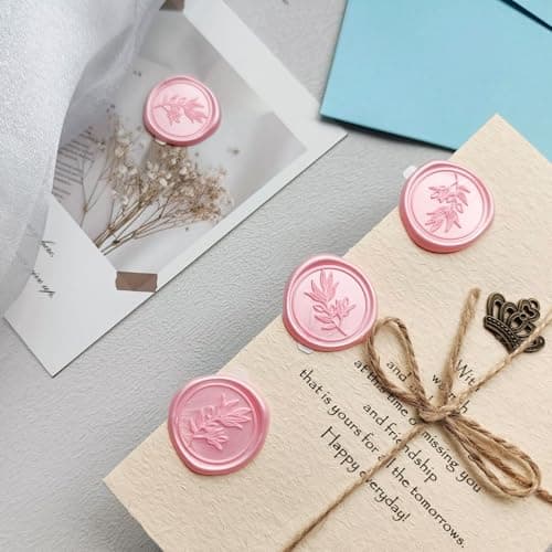 Pilloze 50Pcs Pink Self-Adhesive Wax Seal Stickers - Olive Branch Envelope Seal Stickers Perfect for Wedding Invitation, Envelopes, Wedding Invitation Accessories, Christmas Cards, Gift Wrapping - Thumbnail 3