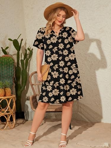AusLook Plus Size Midi Dress for Women V Neck Short Sleeve Summer Casual Loose Fit Vacation 5X Sundress with Pockets - Thumbnail 5