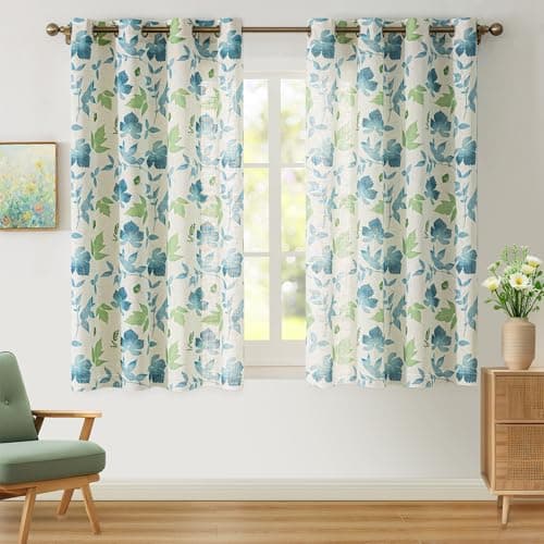 Blue Country Curtains 63 Inches Long for Living Room Light Filtering- 2 Panel Floral Leaves Patterned Semi Sheer Curtains for Farmhouse Bedroom Dining Room, 52 x 63 inch, Green and Light Blue Printed - Image 1