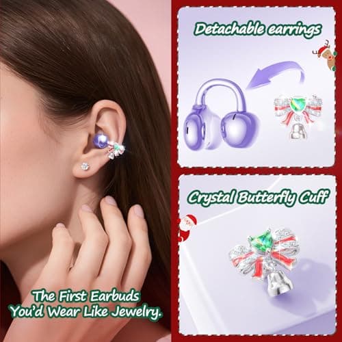 Kinglucky Open-Ear Clip-On Earbuds for Women with Detachable Holiday Bows, All-Day Comfort, Secure Fit, Lightweight Bluetooth 5.4 Wireless Earbuds 50H Playtime, Gift for Her, Clear Calls, Purple - Thumbnail 2