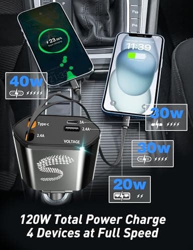 Retractable Car Charger USB C Fast Charging 120W, Car Accessories Cigarette Lighter Adapter Car Charger iPhone16 15 14 13 12 11 Car Essentials Gift for Travelers, Men, Women - Thumbnail 4