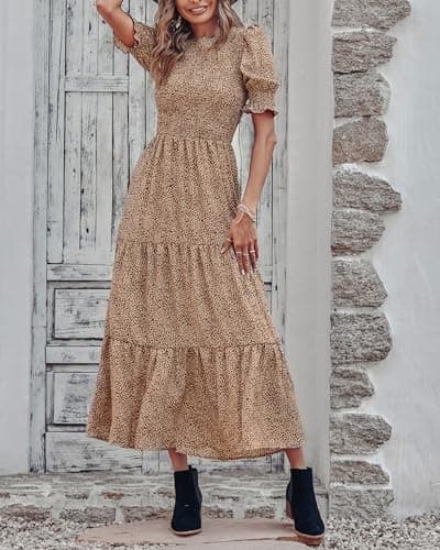 BTFBM Women Casual Summer Dresses 2025 Spring Crew Neck Ruffle Short Sleeve Floral Print Smocked Boho Flowy Maxi Dress(Dot Apricot Brown, X-Large) - Thumbnail 4