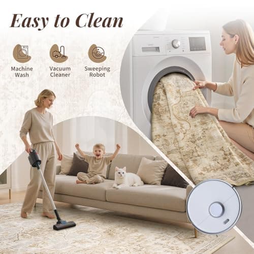 tchdio 5x7 Area Rugs for Living Room, Vintage Non Slip Washable Rug, Soft Low Pile Neutral Area Rug Large Floor Indoor Carpet for Bedroom, Dining Room, Office (Beige, 5'x7') - Thumbnail 5