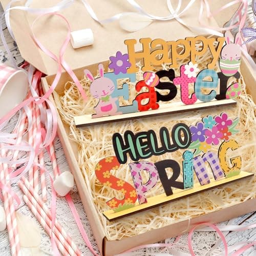 Easter Spring Table Decorations Sign – 2PCS Wooden Sign Bunny Decor Tiered Tray Decorations Set for Home and Office Shelf Mantel Indoor - Thumbnail 5