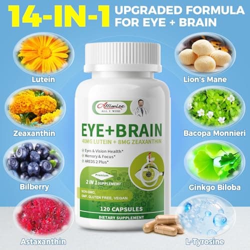 Eye + Brain Supplements for Memory and Focus, Lutein 40mg, Zeaxanthin, Astaxanthin, Bilberry, Lion’s Mane, Bacopa Monnieri, Ginkgo Biloba, 14 in 1 Eye Vitamins for Adults & Seniors 120 Capsules - Thumbnail 3