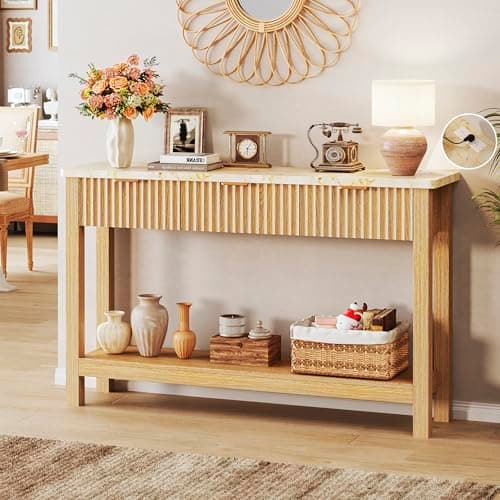 HUAHUU 47.2" Fluted Console Table with 3 Drawers, Long Sofa Table with Storage Behind Couch, Modern Entryway Table with Power Outlet & Open Storage for Entrance/Hallway/Foyer/Living Room, Oak - Image 1