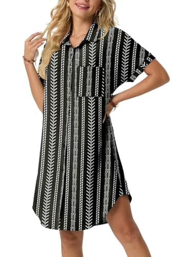 HiMONE Women’s Button Down Shirt Dress Casual Loose Short Sleeve Cover Up with Pocket Lightweight Beach Tunic Dress - Image 1