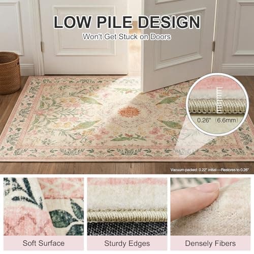 Cnythlis 2'x3' Boho Small Area Rug, Washable Non-Slip Silicone Backing Door Mat, 0.26" Low Pile Faux Wool Foldable Rug for Entryway Bathroom Kitchen Indoor Decor, Garden Pink - Thumbnail 4