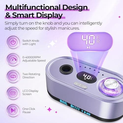 JOSGLOI Electric Nail Drill Professional: 40000RPM Electric Nail File Kit E File Nail Drill Machine with LCD Display for Acrylic Gel Nail, Manicure Pedicure Polishing Nail Grinder for Salon Home Use - Thumbnail 4