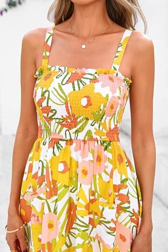 PRETTYGARDEN Womens Summer Dresses 2026 Casual Spaghetti Strap Ruffle Smocked Flowy Floral Spring Maxi Dress with Pocket(White Yellow Flower,X-Large) - Thumbnail 4