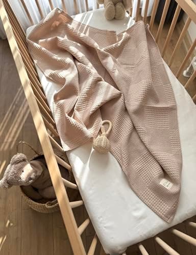 Milna Baby 100% Cotton Waffle Blanket for Boys & Girls, 100x120 cm Breathable Muslin Baby Blanket for Crib, Stroller & Swaddle, Soft Lightweight Toddler Receiving Blanket, (Beige) - Thumbnail 6