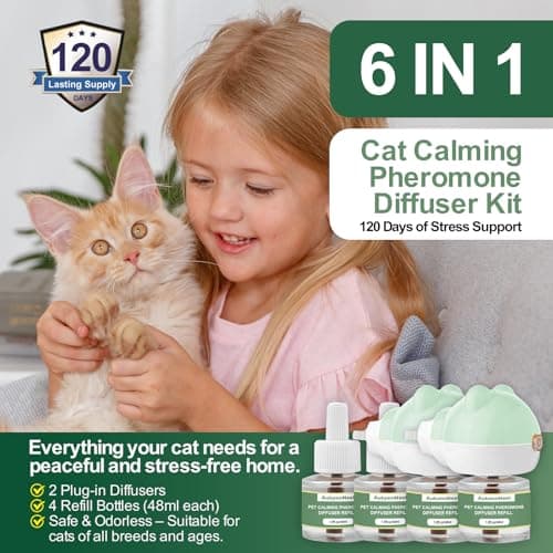 Cat Calming Diffuser Kit with 2 Plug-in & 4 Refills, Pheromone Diffuser for Cats Reducing Fighting, Scratching, Urine, Aggression, Anxiety, Fireworks, Vet Visits, Travel, 120 Day Supply, Safe Formula - Thumbnail 2