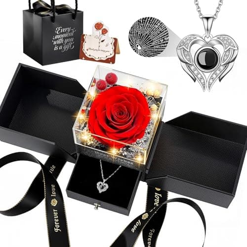 TranquilBliss Gifts for Mom, Preserved Real Red Rose Gift Box with Heart Necklace,“I Love You” in 100 Languages, I Love You Eternal Flowers Rose Gift Set for Mother's Day, Anniversary - Image 1