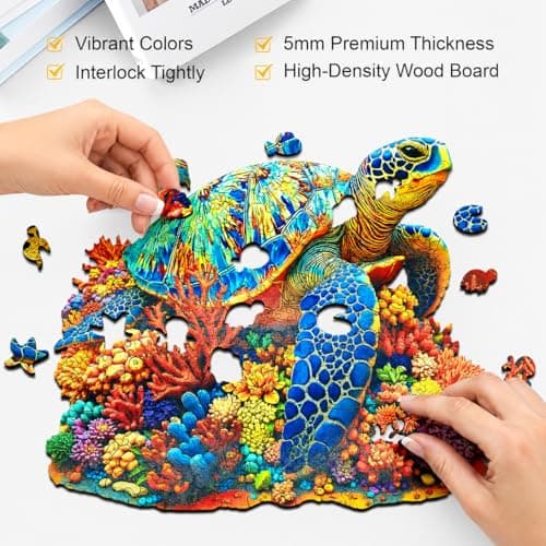 Sea Turtle Wooden Puzzle for Adults 300 Piece, Colorful Coral Turtle Jigsaw Puzzles for Adults, 5MM Unique Animal Shaped Wooden Puzzle, Challenging Ocean Turtle Puzzle for Friend Family Game 14.9*14in - Thumbnail 6