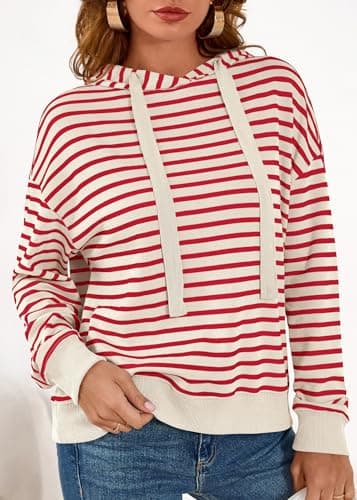 KIRUNDO Womens Striped Hoodies Sweatshirt 2026 Fall Long Sleeve Color Block Drawstring Casual Loose Pullover Top Y2K Clothes(Stripe Red Beige, X-Large) - Thumbnail 4