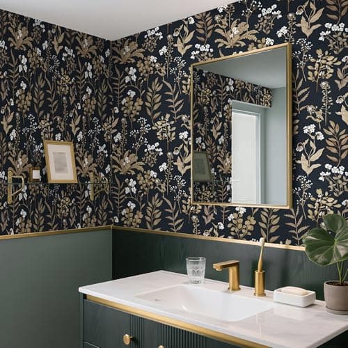 Abyssaly Vintage Floral Peel and Stick Wallpaper Black and Gold Wallpaper Dark Leaf Contact Paper Removable Self Adhesive Moody Botanical Vinyl Wrap for Bedroom Bathroom Shelf DIY Decor 17.3" x 590.5" - Thumbnail 3