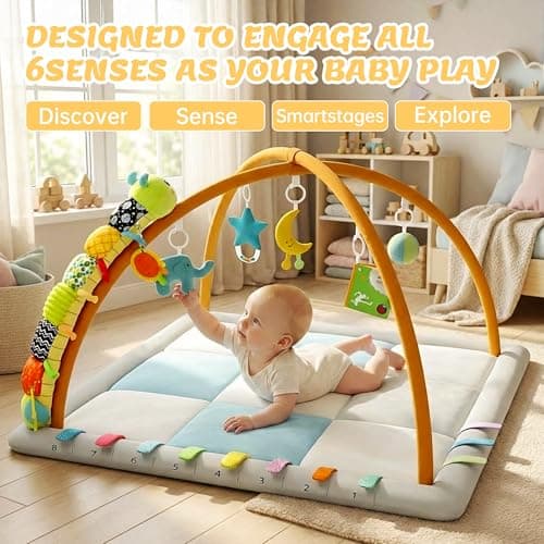 Kidmoze Baby Play Gym & Activity Mat, Baby Tummy time mat w 6 Detachable Toys, Promote Motor Skills & Sensory Development Mat, Newborn Infant Baby Essentials Gift. - Thumbnail 4