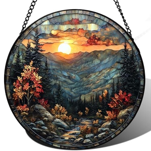 Zizzie Stained Glass Mountain River Suncatcher - 7.9" Real Glass Autumn Landscape Sunset Window Hanging, Weatherproof Rustic Cabin Lodge Decor, Nature Lover Memorial Gift for Dad Mom Men - Image 1
