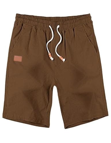 AUSELILY MEN Men's Cotton Linen Shorts 9 inch Drawstring Casual Elastic Waist Mens Summer Beach Vacation Shorts Big and Tall with Pockets Brown XL - Thumbnail 3