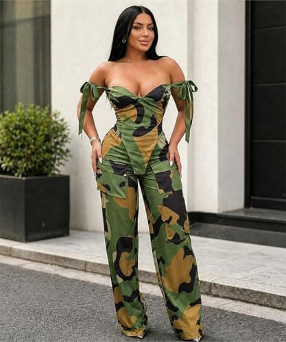 knowfashionstyle Sexy 2 Piece Sets For Women Going Out Sleeveless Croset Top And Wide Leg Pants Set Party Birthday Outfits Camouflage 2Xl - Thumbnail 3