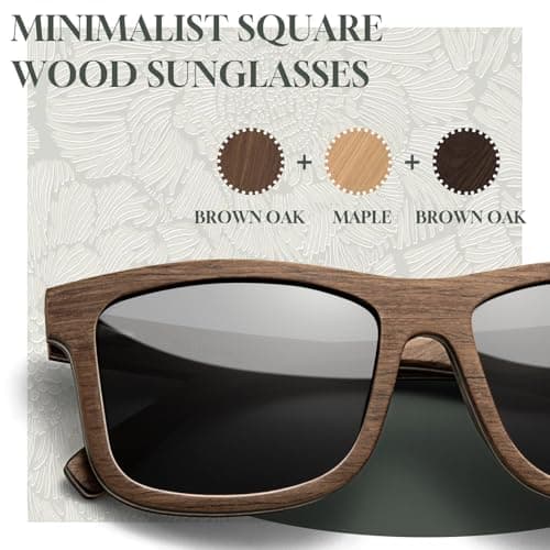 SUNGAIT Brown/Black Oak Wood Polarized Sunglasses Classic Retro Square Shades for Men Women Driving Gifts (Brown Oak Frame/Grey Lens) - Thumbnail 2