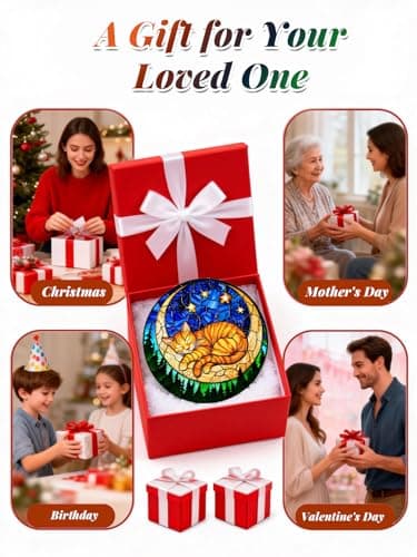 Stained Glass Window Hanging, Orange Sleeping Cat Suncatcher for Door Home Decor Moon Starry Night Sun Catcher Ornament Mother's Day Birthday Gifts for Women Men Mom 6.3 in - Thumbnail 6