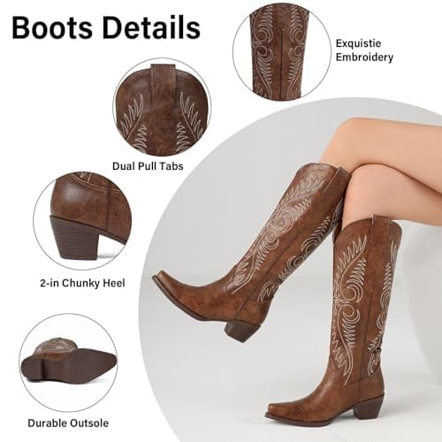 Erocalli Spring Cowgirl Boots Women Brown Knee-high Western Cowboy Boot - Exquisite Embroidery, Snip Toe, Pull On, Wide Calf, Tall Cowgirl Boots, Chunky Heel, Comfortable, All-Day Wear, Outdoor - Thumbnail 4