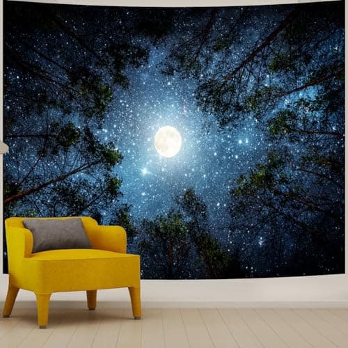 Extra Large Galaxy Forest Tapestry for Bedroom Ceiling, Big Space Night Starry Sky Blue Tapestry Aesthetic, Oversized Milky Way Moon Stars Backdrop Wall Hanging for Dorm Living Room Decor (98"X118")