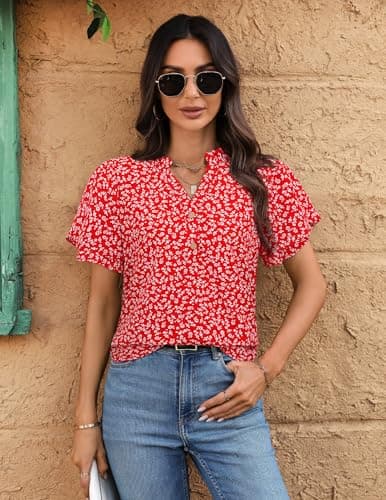 LOOKBOHO Womens Casual Red Tops Ruffle Short Sleeve V Neck Floral Blouses Fashion Summer Chiffon Office Shirts Red L - Thumbnail 4