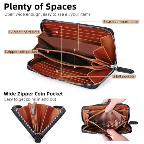 VISOUL Leather Long Zippered Pouch Wallet for Men with RFID Blocking Two-tone, Large Carbon Fiber Leather Clutch Cash Long Wallet with Zipper (Black+Orange) - Thumbnail 2
