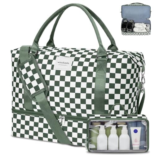WOOMADA Weekender Overnight Bag for Women, Carry on Shoulder Travel Duffel with Shoes Compartment,Gym Bag with Toiletry Bag(green checkerboard)