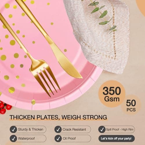Pink Gold Paper Plates for Party, 7" Thickened Gold Dot Disposable Plates (50pcs), Birthday Cake Dessert Plates for Indoor/Outdoor Party Supplies&Decoration, Ideal for Birthday, Wedding, Baby Shower - Thumbnail 3