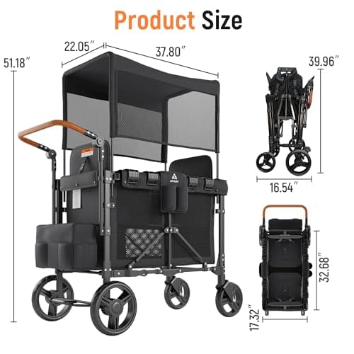 VELUVIA Wagon Stroller Outdoor for 2 Kids - Double Toddlers Stroller with Canopy & Removable Seat Pads, 2 Seater Push Pull Wagon One-Hand Fold, Shock-Absorbent Wheels & Safety Harness, Black - Thumbnail 2