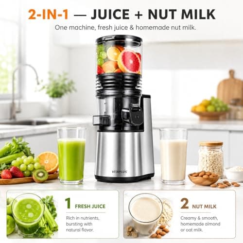 VITAPLUS Stainless Steel Auger Cold Press Juicer, AC Motor Slow Masticating Juicer, Plastic-Free Extractor for Whole Fruits & Vegetables, 5.8" Wide Chute, BPA-Free, Easy to Clean, FDA21 CFR Tested - Thumbnail 2