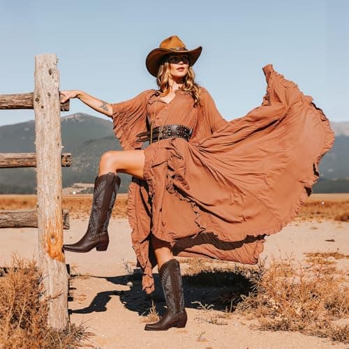 Erocalli Fashion Cowboy Boots for Women Knee High Embroidered Western Cowgirl Boots 2026 Spring - Wide Calf, Snip Toe, Pull On, Long Boot, Low Heel, Rodeo, Festival Ready, Country Style - Thumbnail 3