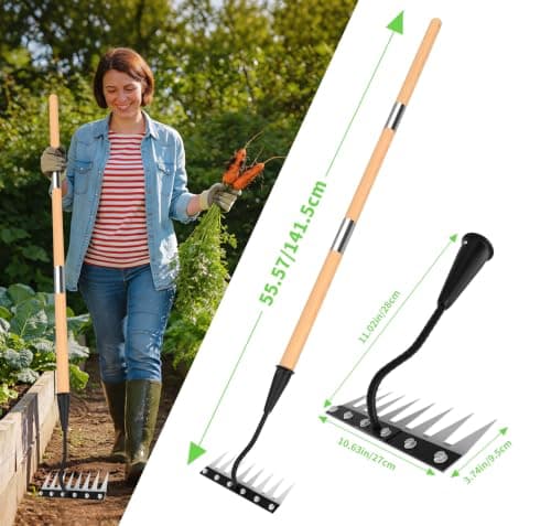 ATLRGISL Iron Weed Rake with Wooden Long Handle, 8 Teeth Weed Puller Tool Heavy Duty, Manual Gardenia Weeding Rake Tool for Yard, Lawn and Garden, 56Inch - Thumbnail 2
