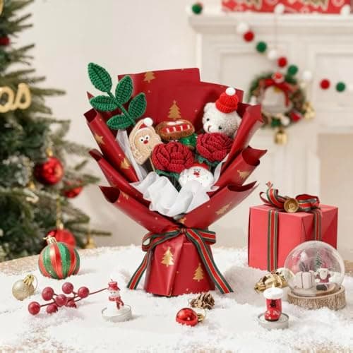 FLOLVISOU Christmas Flowers Artificial Crochet Flower Bouquet Knitted Flowers Red Green Handmade Bouquet Flowers Gifts for Lover Christmas Women Boys Girls Girlfriends - Thumbnail 4