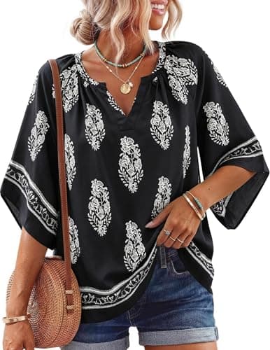 NILOINE Women's Short Sleeve Boho Tops Bell sleeves Pleated Top V Neck Casual Bohemian Blouses Fashion Dressy Loose Fit Tunic Shirts(1-Multi Black,X-Large) - Image 1