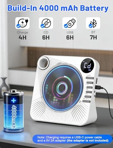 Portable CD Player with Bluetooth, 4000mAh Recheageable Desktop CD Players for Home, CD Music Player with Speakers,Remote Control,LCD Display, AUX, USB, Headphone Jack - Thumbnail 2